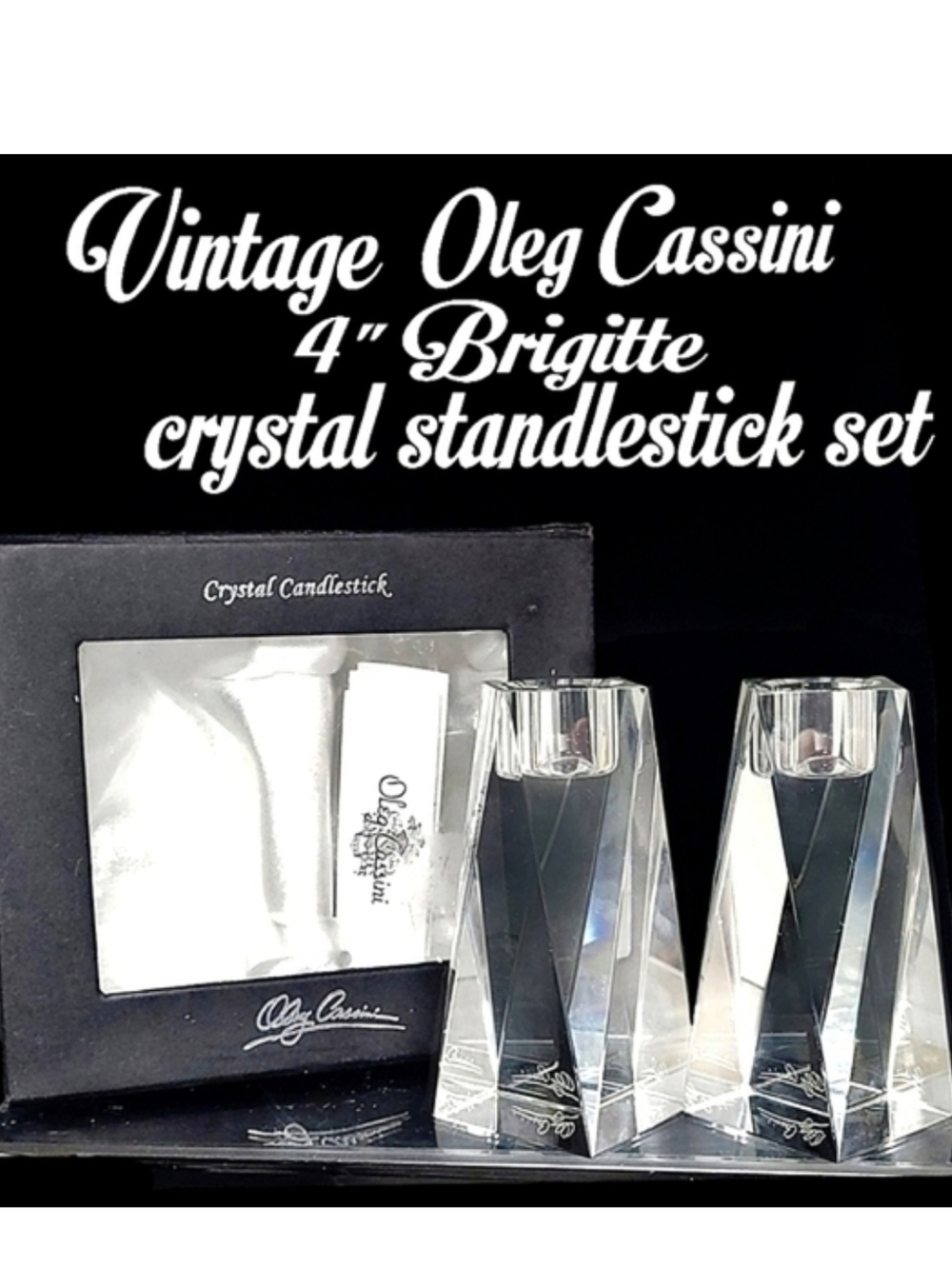 Vintage New Oleg Cassini "Brigitte" 4" real crystal candlestick set w/ box